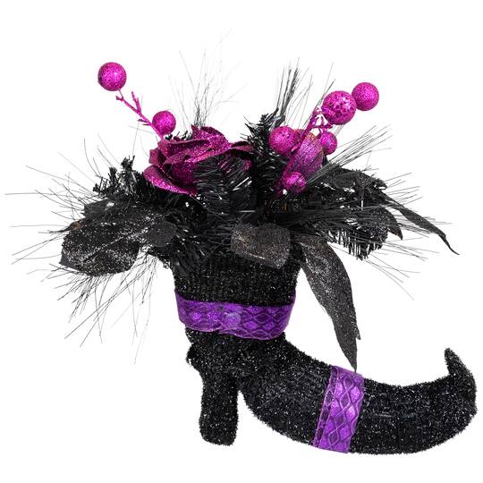 12" Black Witch's Boot with Purple Glittered Roses Halloween Decoration